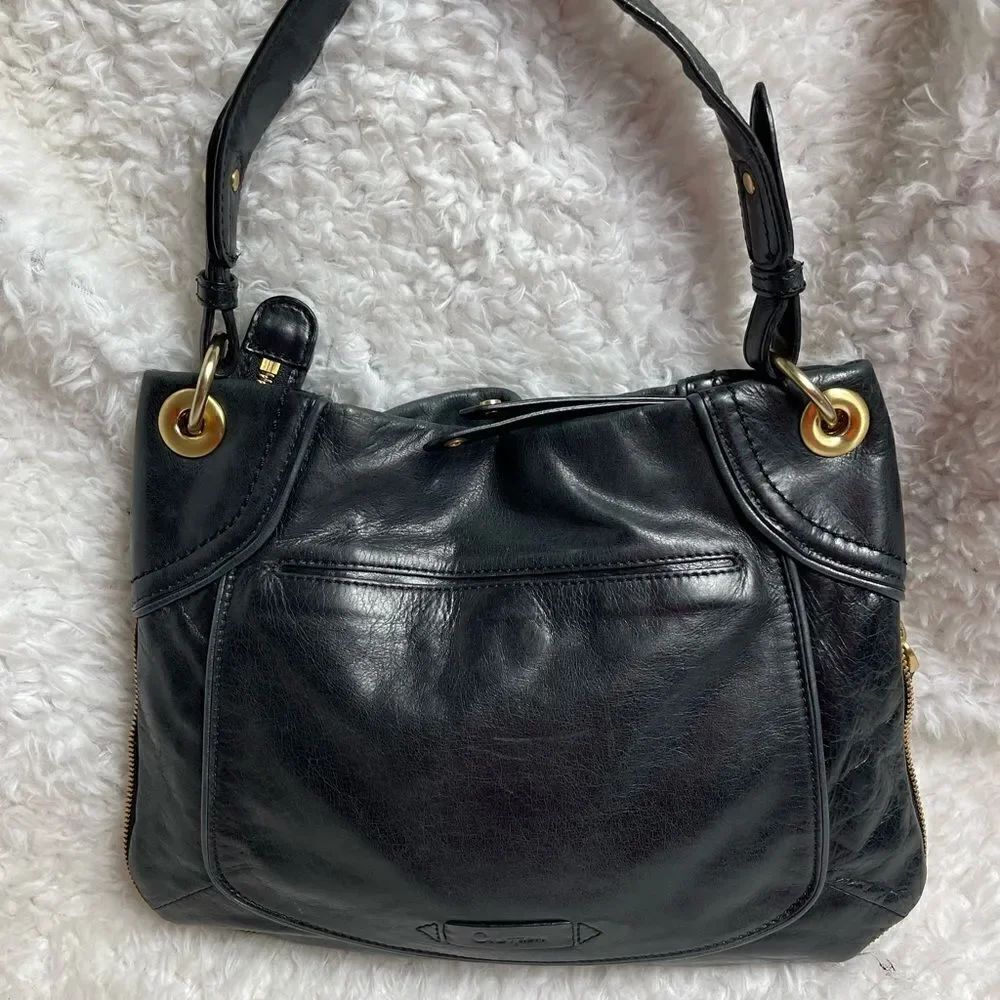 Cole Haan black soft leather shoulder with extended side to bottom zipper suede